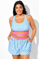 Blue Floral Round Neck Patchwork Bikini Top