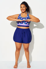 Plus Size Dark Blue Patchwork Mid Waist Women Shorts
