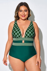 V-Neck Green Squares Cut Out One Piece Swimsuit