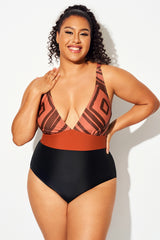 Geometric Colorblock V-Neck One Piece Swimsuit