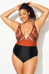 Geometric Colorblock V-Neck One Piece Swimsuit