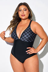 Black Check Panel Print One Piece Swimsuit