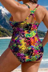 Colorful Palm Leaf Patterned One Piece Swimsuit
