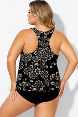 Golden Floral Print Racerback Blouson Tankini Top