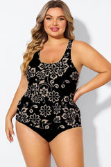 Golden Floral Print Racerback Blouson Tankini Top