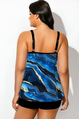Round Neck Marbled Gold Plated Blue Print Tankini Top