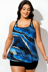 Round Neck Marbled Gold Plated Blue Print Tankini Top