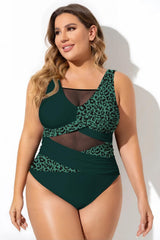 Leopard Green Sexy Cut Out Mesh One Piece Swimsuit