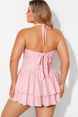 Light Pink Halter Ruched Ruffle One Piece Swimdress