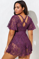 Purple Lace V-Neck Short Sleeve Wrap Swim Dress