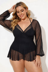Black V-Neck Mesh Long Sleeve Tummy Control One Piece Swimsuit