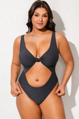 Solid Black V-Neck Front Knot Cutout One Piece Swimsuit