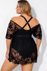 Black Lace Off Shoulder V-Neck Tummy Control One Piece Swimsuit
