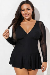 Black V-Neck Mesh Long Sleeve Tummy Control Swimdress