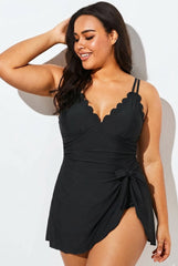 Women's Tummy Control V Neck Scalloped Tie Back Swimdress Bathing Suit