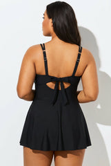 Women's Tummy Control V Neck Scalloped Tie Back Swimdress Bathing Suit