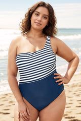 Blue and White Stripe One Shoulder One Piece Swimsuit